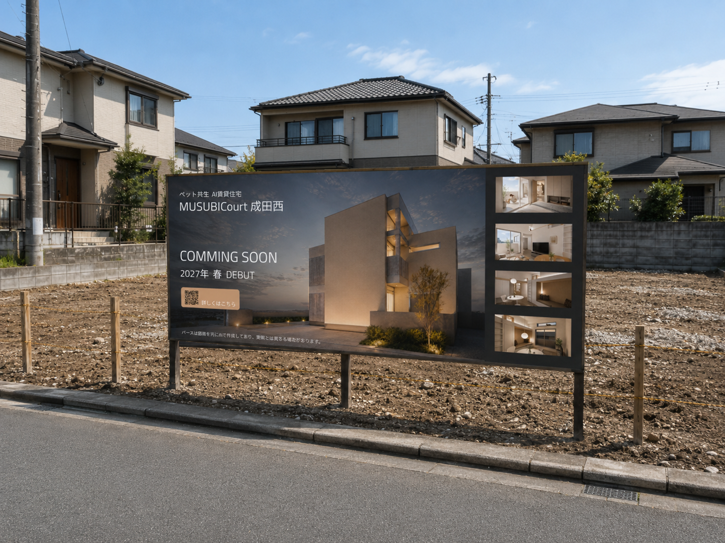 着工前の敷地に設置された、完成イメージとQRコード入りの現地看板