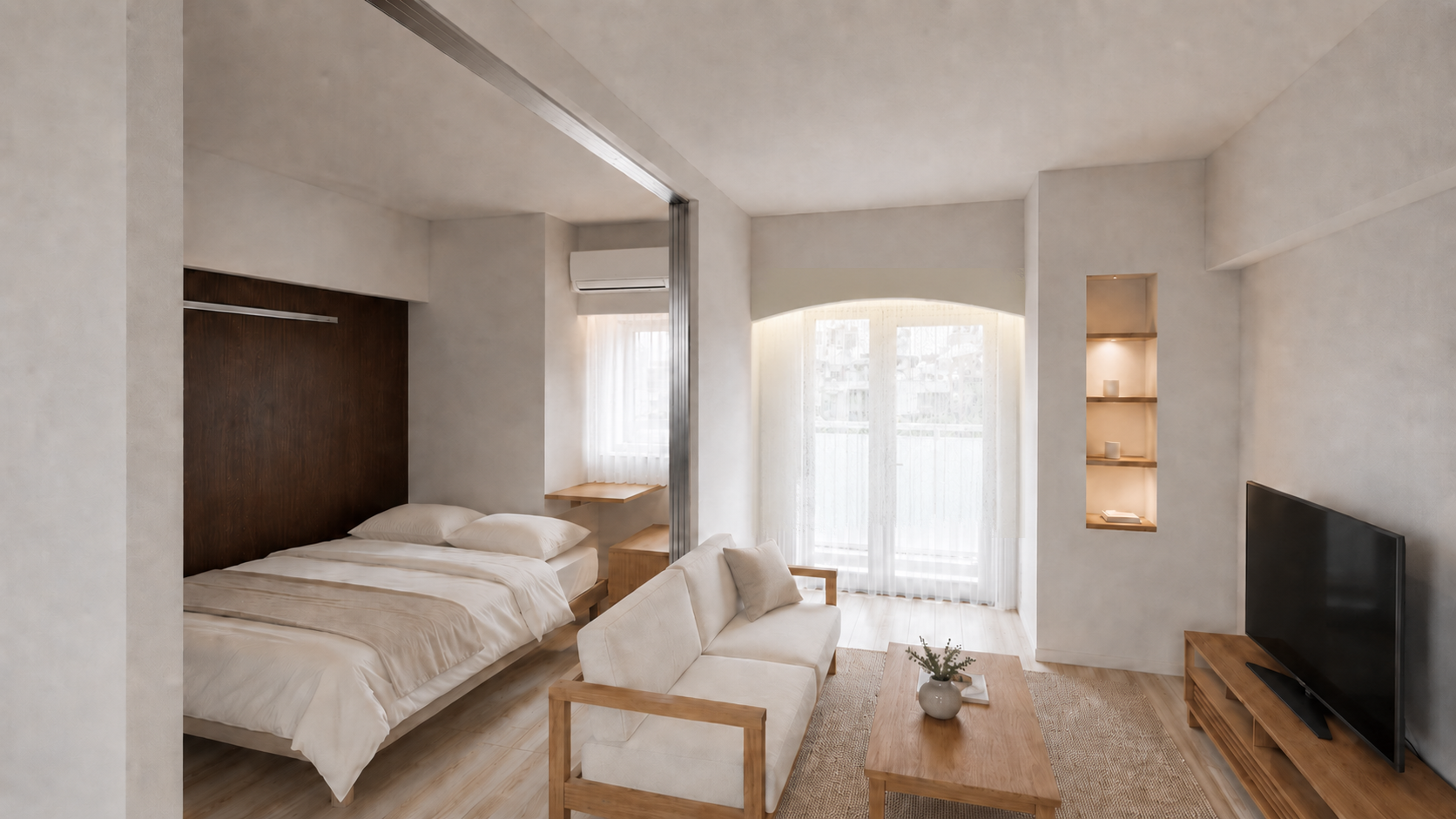 Scene Living「Calm Nest with NightLight」施工後の室内。下がり天井と間接照明